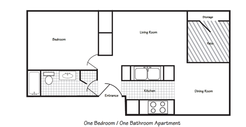 Floor plan for 1 bed, 1 bath, 750 sqft